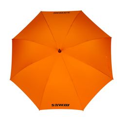 Oranger Schirm mit schwarzem Logodruck auf dem Schirmdach