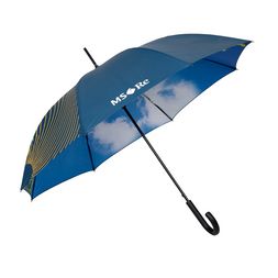 Blauer Regenschirm mit Siebdruck aussen und individuellem Digitaldruck auf der Innenseite