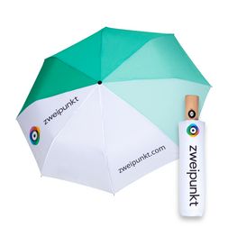Digitaldruck auf Schirm und Hülle Nachhaltiger Taschenschirm mit Holzgriff und Logo im Digitaldruck