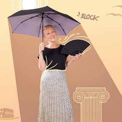 Knirps HeatShield Blonde Frau hält rosa Knirps HeatShield Regenschirm mit schwarzem Innen-Coating, ausgestattet mit UV-Schutz und Hitzereduzierung für optimalen Sonnenschutz.