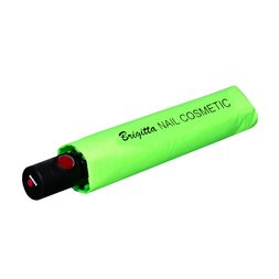 Zusammengefalteter neon-grüner Knirps Taschenschirm mit schwarzem Siebdruck-Logo auf der Hülle
