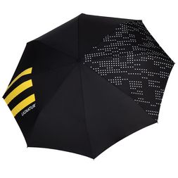 Schwarzer Schirm mit aufgedrucktem Logo