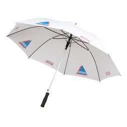 Siebdruck Weisser Alu-Schirm mit Logo im Siebdruckverfahren auf dem Schirmdach