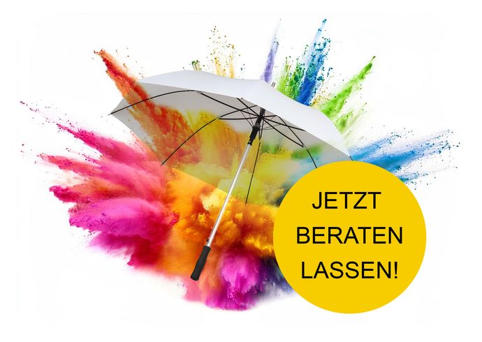 Weisser Regenschirm mit bunter Farbexplosion aus Farbpulver bedruckt, daneben Button mit Aufschrift ‚Jetzt beraten lassen