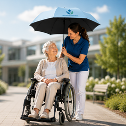 Siebdruck Pflegefachfrau mit Seniorin im Rollstuhl unter einem Knirps UV-Schutz Regenschirm mit Gesundheitszentrum-Logo