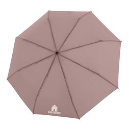 Knirps Timber Duomatic Regenschirm in Rosa mit hochwertigem Holzgriff und bedrucktem Logo auf dem Schirmdach