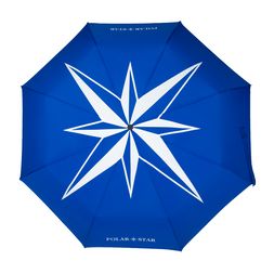 Sibedruck über mehrere Segmente Offener blauer Taschenschirm „Strotz Magic Matic Forest“ mit umweltfreundlichem Holzgriff, bedruckt und mit personalisiertem Logo, über alle Segmente hinweg Sternmotiv sichtbar.