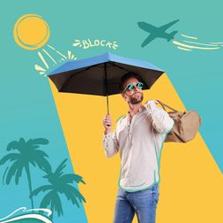 Knirps HeatShield Mann hält blauen Knirps HeatShield Regenschirm mit schwarzem Innen-Coating, ausgestattet mit UV-Schutz und Hitzereduzierung für optimalen Sonnenschutz.