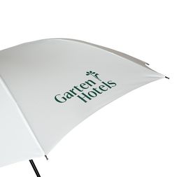 Siebdruck Weisser Schirm mit Logodruck auf dem Schirmdach