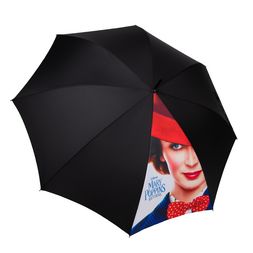 Schwarzer, geöffneter Regenschirm mit einem digital bedruckten Segment im Mary-Poppins-Design