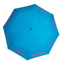 Pinkiger Siebdruck Blauer Taschenschirm mit pinkigem Siebdruck zum Song Chum doch au under min Schirm von Dabu Fantastic